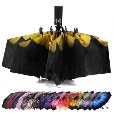 Auf den Kopf stehender winddichter Sonnenblumen-Großhandelsdruck im Inneren des automatischen 3-fach-Regenschirms mit schwarzer UV-Beschichtung
