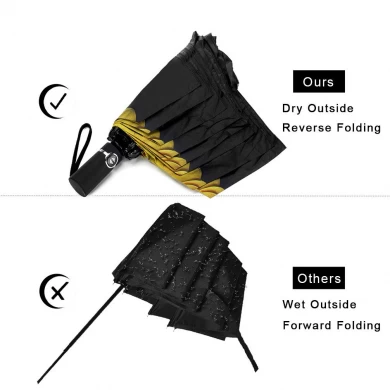 Venta al por mayor al revés a prueba de viento Impresión de girasol Dentro de 3 paraguas reverso plegable automático con recubrimiento UV negro
