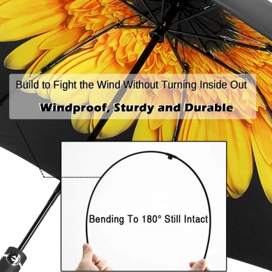 Groothandel ondersteboven winddicht Zonnebloem Print Binnen automatisch 3 opvouwbare omgekeerde paraplu met zwarte UV-coating