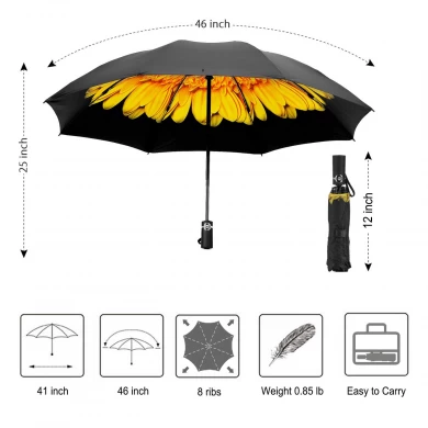 Auf den Kopf stehender winddichter Sonnenblumen-Großhandelsdruck im Inneren des automatischen 3-fach-Regenschirms mit schwarzer UV-Beschichtung