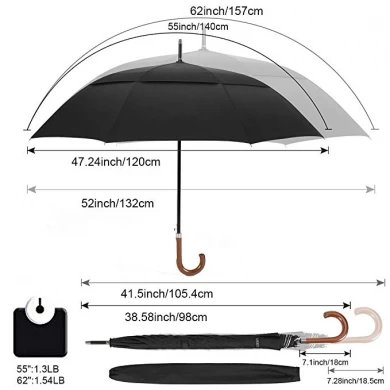 Wholesales Large 54/62inch Auto Open UV Sun Protection Double Canopy Windproof Classic Golf Umbrella with Wood J Handle