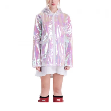 Wholesales fashion design metallic women holographic rain coat and color rain coat