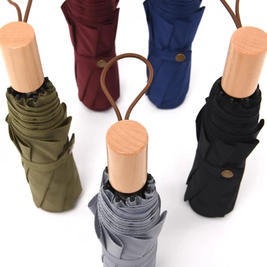 custom pongee fabric 3fold umbrella promotional rain umbrella wooden handle high quality