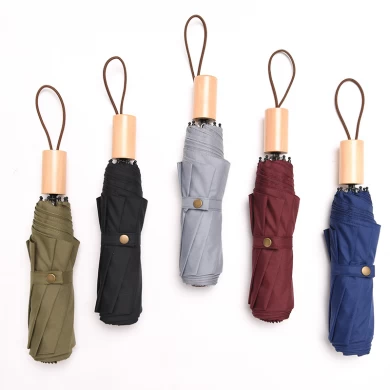 custom pongee fabric 3fold umbrella promotional rain umbrella wooden handle high quality