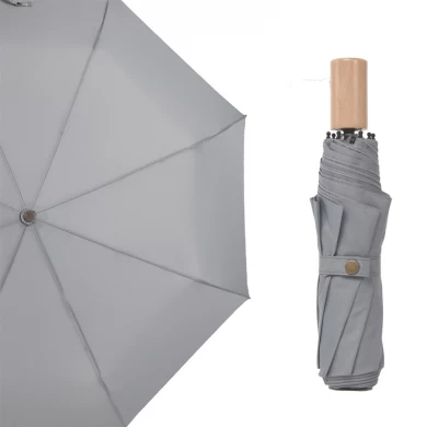 custom pongee fabric 3fold umbrella promotional rain umbrella wooden handle wholesale