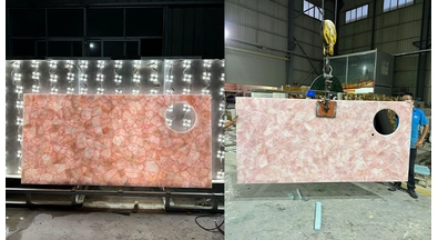 Laje de quartzo rosa natural retroiluminada | Bancada de cristal rosa