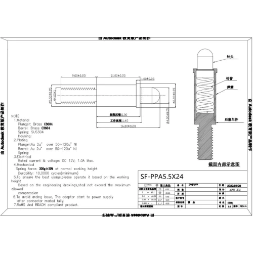 China Gold plated spring loaded test pogo pin with round head and 300g spring force manufacturer