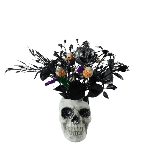 Decorazione con teschio di Halloween con zucca glitterata con foglie nere artificiali
