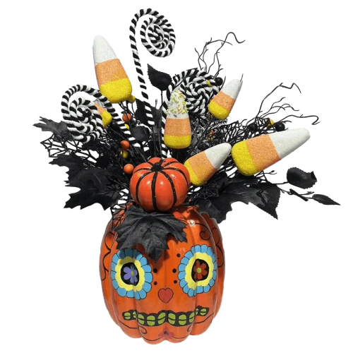 Senmasine decorazioni di Halloween zucca con palline glitterate blu fiore artificiale rosa foglie d'acero decorazione con fiocco