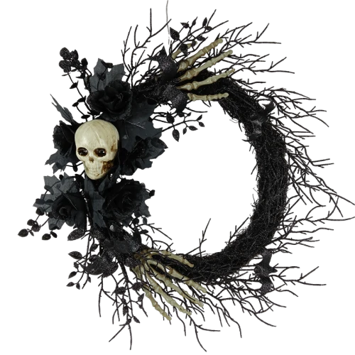 China Senmasine 24 Inch Black Halloween Wreath with Skeleton Heads Hand Glitter Black Dead Branches Artificial Roses Flowers manufacturer