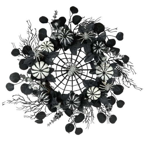 China Senmasine 26 Inch Halloween Wreath Black with Spider Web Dead Branches Glitter Silver Berries Pumpkin manufacturer