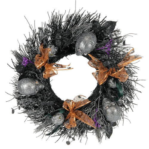 China Senmasine 26 Inch Skeleton Heads Halloween Wreath with Glitter Leaves Orange Bows Black Spider manufacturer