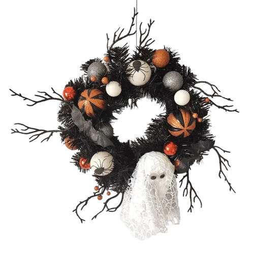 Senmasine 18-calowy wieniec duchów na Halloween ze sztucznymi gałązkami PCV, brokatową dekoracją pająka