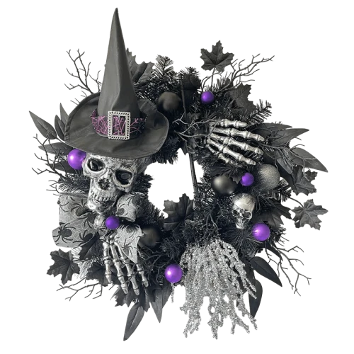 China Senmasine 24 Polegada coroa de halloween com aranha preta arco listra pernas glitter vassoura assustador esqueleto cabeça mão chapéu bruxa fabricante