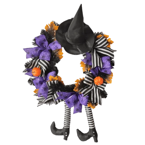 Senmasine Ghirlanda per porta d'ingresso con gambe da strega di Halloween da 24 pollici con cappello Foglie d'acero artificiali Zucca Viola Ragno Modello Arco