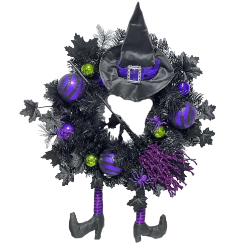 Senmasine - Ghirlanda viola da strega di Halloween da 24 pollici, con cappello sulla gamba, palline glitterate, scopa da appendere, decorazione per la porta d'ingresso