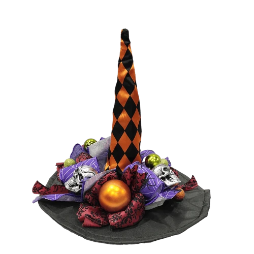 Senmasine Cappello da strega di Halloween con testa di scheletro Fiocchi di nastro glitterati a mano Decorazione da tavola spettrale