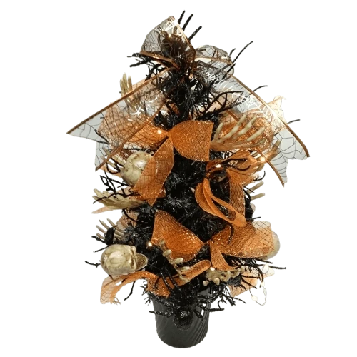 Senmasine Albero in vaso di Halloween con fiocco glitterato Foglie verdi artificiali Bacche arancioni Decorazioni per la tavola Occhi spettrali