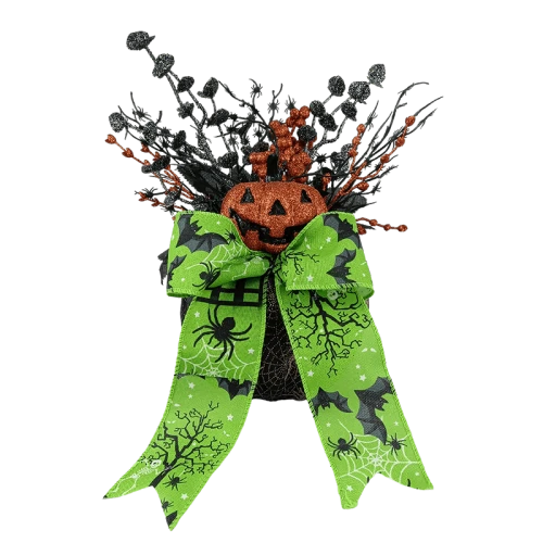 Senmasine Decorazione di zucca di Halloween con fiocchi di nastro glitterato Ragno artificiale con foglie nere