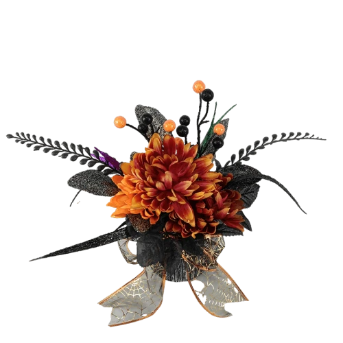 Senmasine zucca di Halloween nera con foglie nere artificiali, ramo, mini ragno, bacche arancioni glitterate