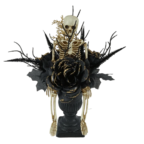 Senmasine Decorazione teschio di Halloween con scheletro glitterato Ramo morto nero Grandi fiori artificiali di rosa