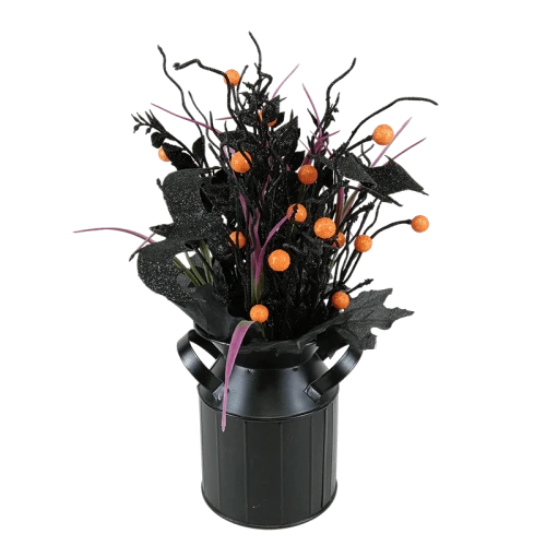 Senmasine, composizioni per brocche di Halloween con foglie artificiali nere, ramo, bacche arancioni, decorazioni per la tavola