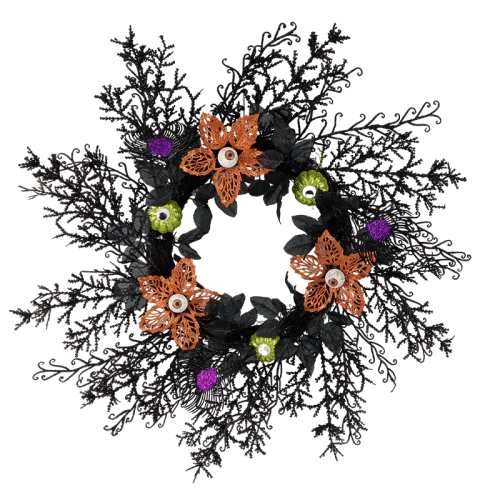 Senmasine Corona di Halloween per porta d'ingresso da 26 pollici per decorazioni sospese Ramo nero Foglie artificiali Occhi spettrali Fiori Zucca