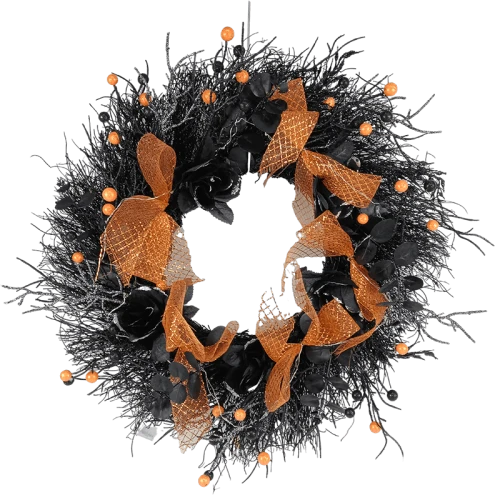Senmasine Corona da 22 pollici per Halloween Fiori di rosa artificiali neri Ramo morto Foglie Fiocco di nastro arancione
