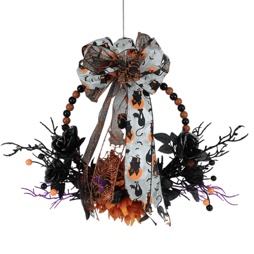 Senmasine Ghirlanda di perline di Halloween da 20 pollici con fiori artificiali Fiocchi di nastro rosa Ramo morto viola nero