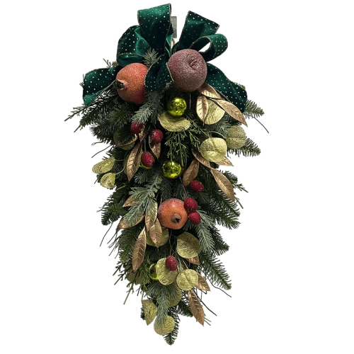 Senmasine 26 Inch Christmas Fruit Swag With Ribbon Bows Artificial Pvc Branch Leaves