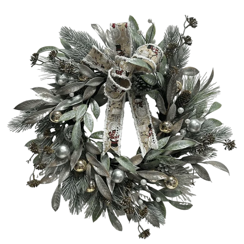 Senmasine Guirlanda de Natal de prata de 24 polegadas com folhas artificiais de pinha e arco de impressão de bola de pequenas bugigangas