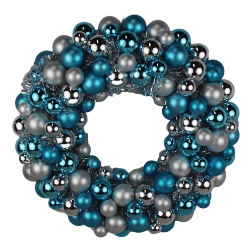 Senmasine - Corona de bolas de 40 cm con oropel plateado, adornos azules, base de metal, decoración para colgar en la puerta de entrada