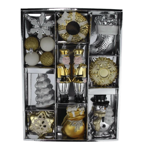 Senmasine Set di ornamenti natalizi per decorazioni da appendere all'albero, palline di palline bianche, oro, argento, fiocchi di neve, soldati