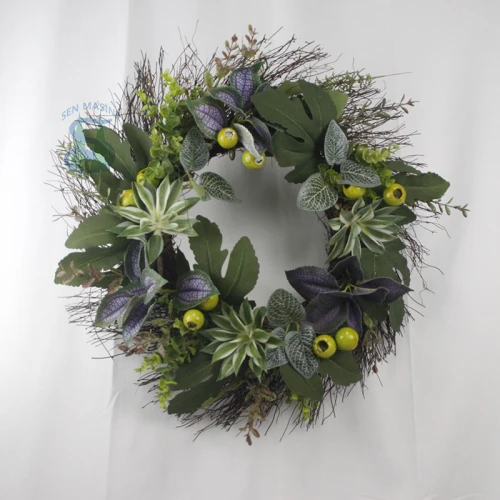 Senmasine 24inch artificial spring wreath for front door hanging decorative mixed Agave plants fig leaves