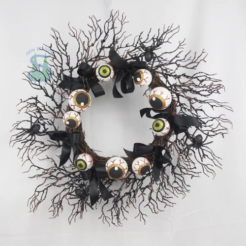 Senmasine ghirlanda di rami neri di Halloween da 24 pollici con ornamenti per gli occhi decorazione da appendere alla porta d'ingresso