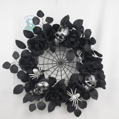 Senmasine 24 pollici Ghirlande per porte di Halloween con fiori artificiali Black Leaf Rose Ghost Head Spider decorazioni per feste