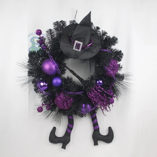 Senmasine Ghirlande di Halloween da 24 pollici con gamba nera ago di pino cappello glitter scopa ramo zucca decorazione per feste
