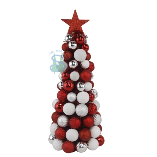 Senmasine 47 cm Kugelkugeln, Kegelbaum mit Topper, Stern, silberfarben, weiß, rot, Ornamente, Lametta, Desktop-Weihnachtsdekoration