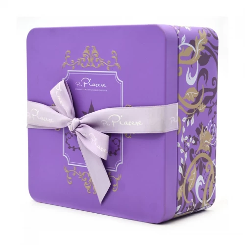 Custom Squre Butter Cookies Tin Box with Ribbon