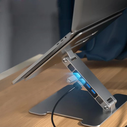 Stand per laptop pieghevole regolabile in fabbrica Cina con hub USB 3.0 a 4 porte | Porta tablet in alluminio produttore