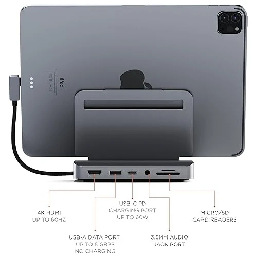 USB-C Hub Docking Station with Aluminum Stand for iPad Pro | 6-in-1 iPad Pro USB-C Hub with 4K HDMI, PD Charging, USB-A, Audio, and SD Card Reader