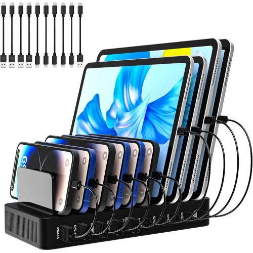 100W 10-Port Charging Station Dock with Adjustable Dividers--Multi USB Type-C Charger for Phones,Tablets