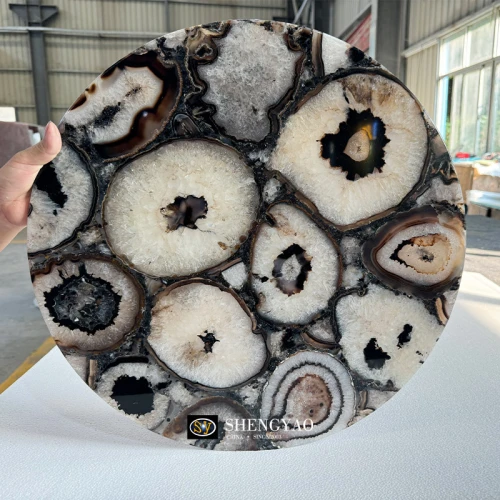 Natural Solid Round Black Agate Stone Table Top