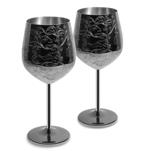 China Etching Patern Stainless Steel Goblet Black Plated Finishing Wine Glasses manufacturer