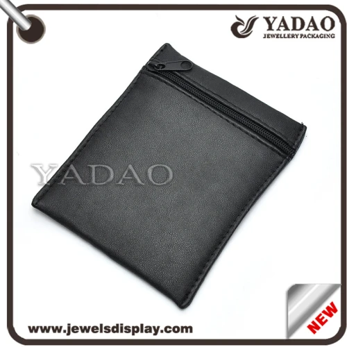 Black leather custom size simple jewelry pouch with zipper for storage
