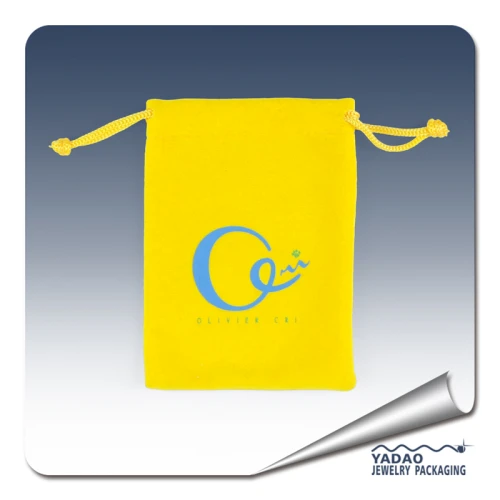 China Yellow color velvet jewelry pouch with string and silk screen logo factory
