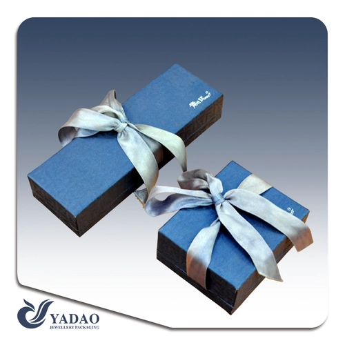 China jewelry packaging manufacturer of Luxury blue hard paper boxes and chests  for jewelry and gift showcase and display used in shop counter and window with ribbon