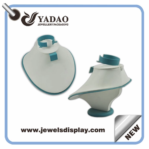 Chinese manufacturer of Economic white and blue leather necklace busts ,necklace display figures ,necklace display form with bracelet and earring props on the top