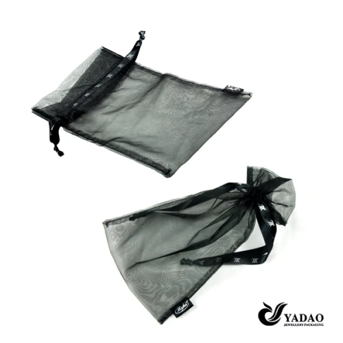 Good quality 2015 newest black silk pouch for jewelry package with string and logo made in China