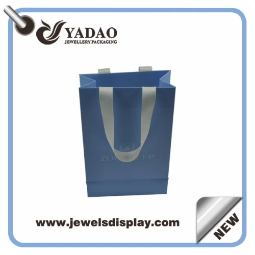 Luxury custom print light blue paper jewellery packaging bags ,jewelry gift bags ,jewelry shopping bags ,jewelry hand bags with ribbon